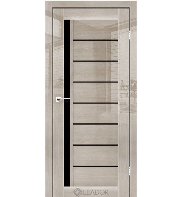 Двери межкомнатные Leador Gloss Bergen - Глянец Ларч (с черным стеклом)