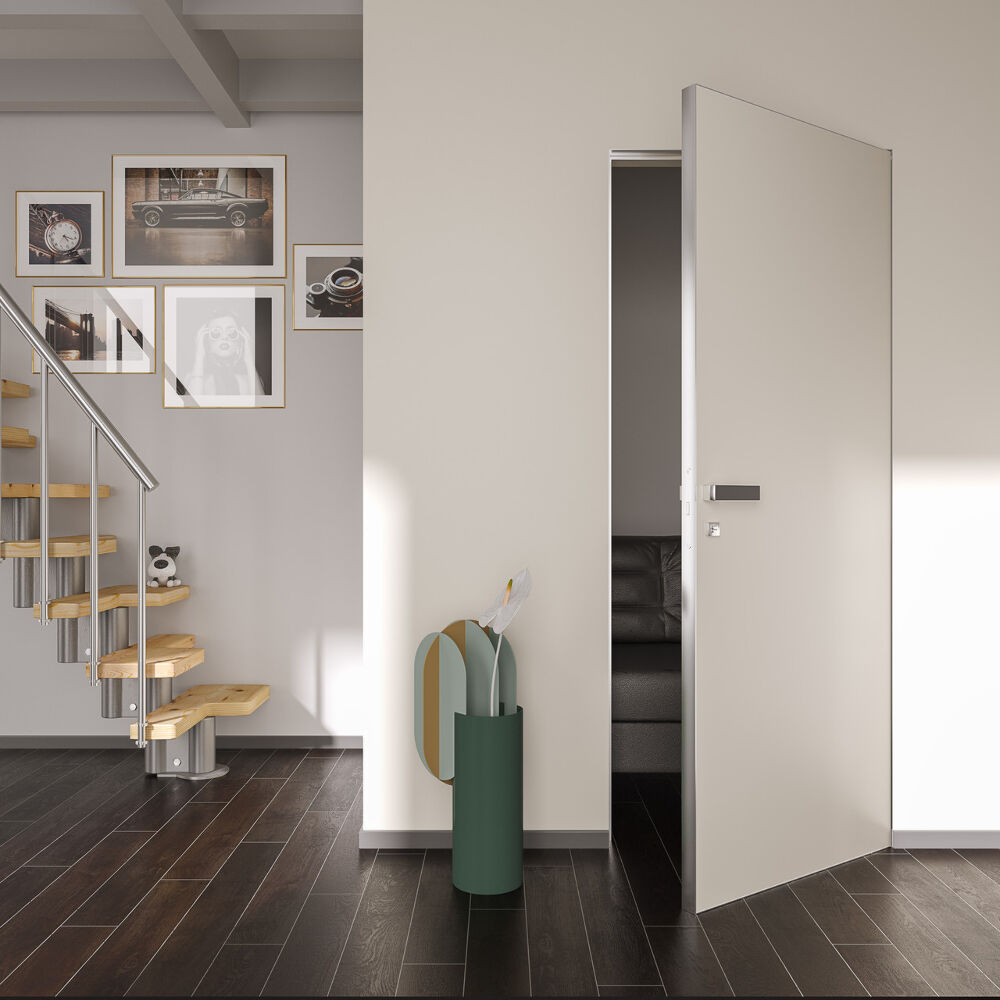 Двери скрытого монтажа Wakewood Optimum AL серый торец (наружного открывания)
